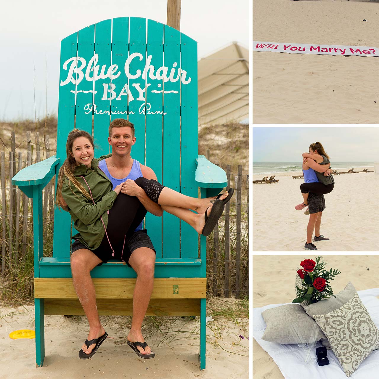 Couple sits in the blue chair bay together after getting engaged at the beach